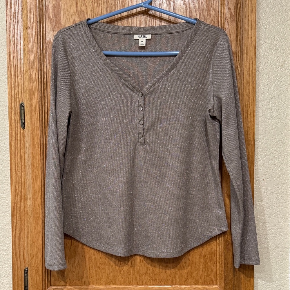 a.n.a Sparkle Gold Henley Long Sleeve Top - Size Petite Medium